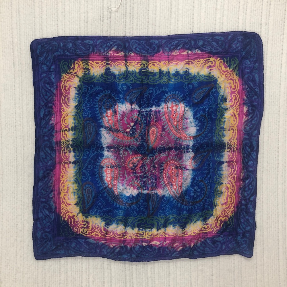 Vintage Hand Woven 100% Pure Silk Paisley Tie Dye Square Scarf Blue Pink 20x20